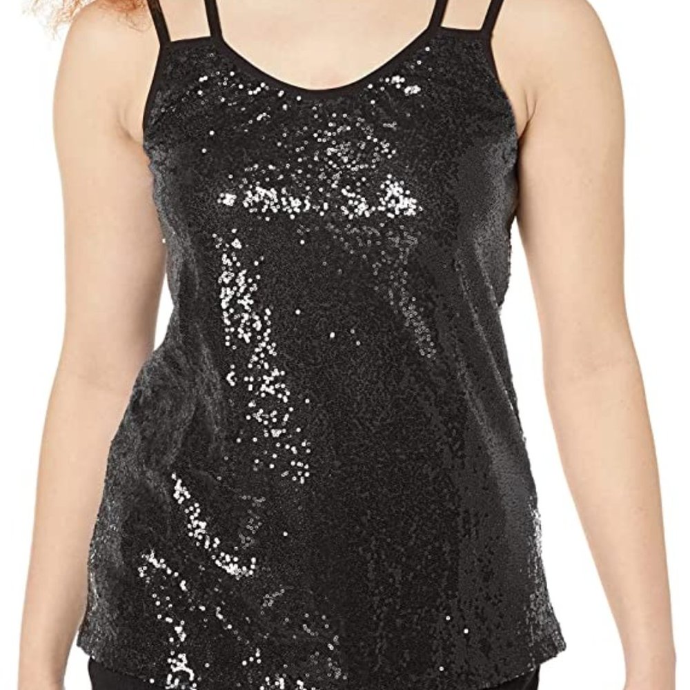 Sleeveless Black Sequin Top Sparkle Shimmer Camisole Vest Tank Top Sz XL Bling